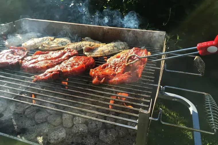 Cortes de carne adobada asándose sobre brasas de carbón