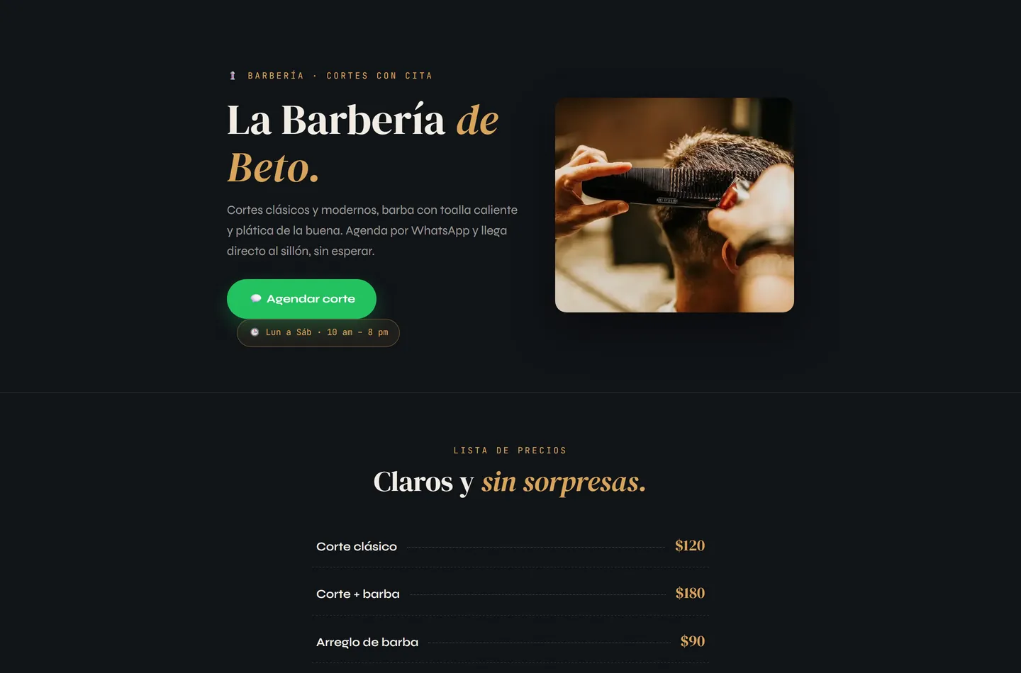 Captura del sitio de ejemplo La Barbería de Beto